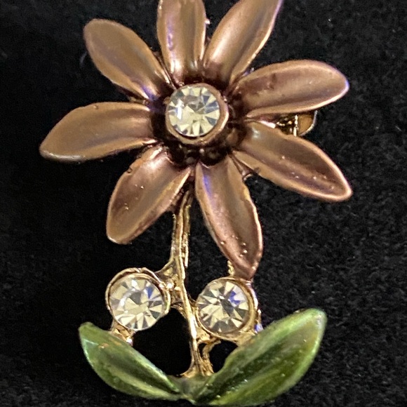 2 vintage inspired brown floral enamel brooches/pins with crystal accents - Picture 4 of 8